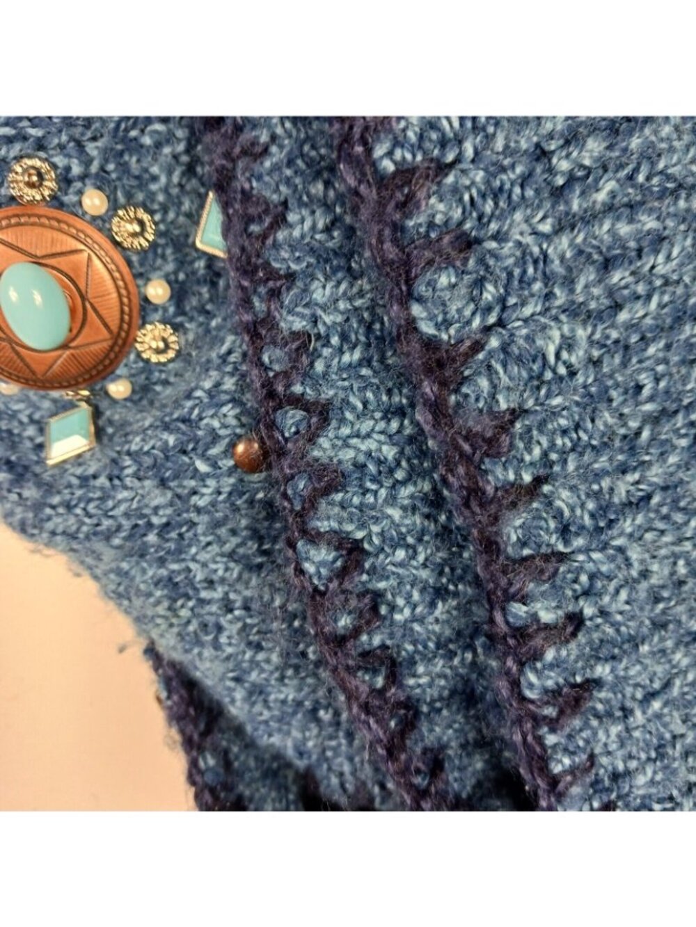 Turquoise Bejeweled Blue Marled Knit Toggle Vest Womens 2X Butter Mom Eclectic - Picture 9 of 10